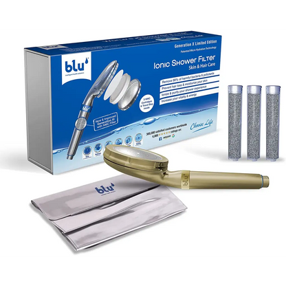 blu Ionic Shower Filter Handheld Matte Champagne Limited Edition Bundle with 3 NMC filter cartridges and 1 silver travel pouch