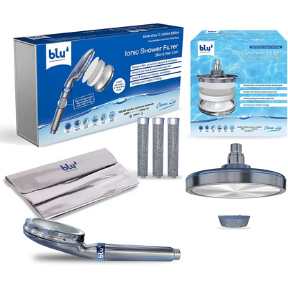 blu Ionic Shower Filter Handheld and Overhead Limited Edition bundle with 4 NMC filter cartridges and 1 silver travel pouch
