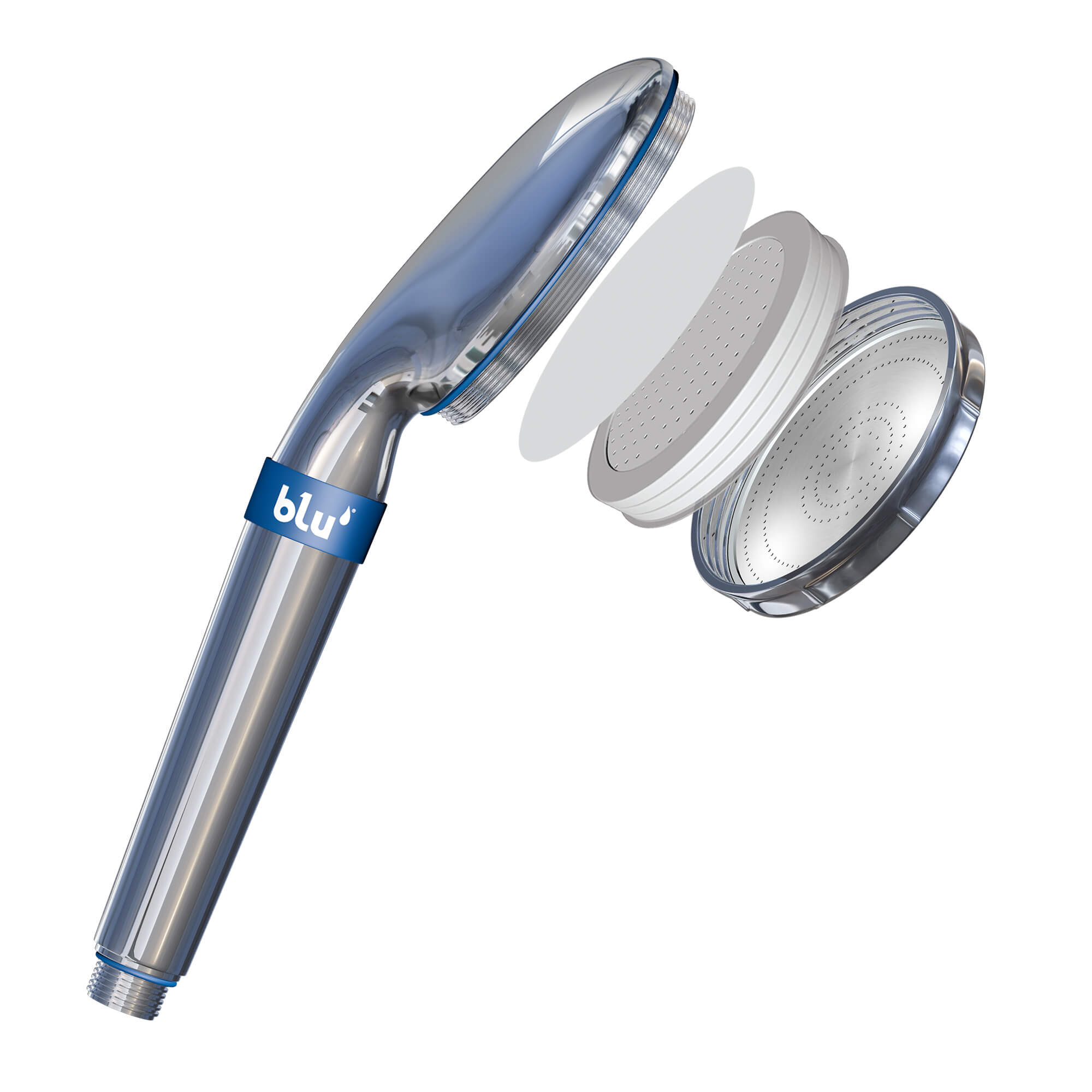 blu ionic shower filter handheld glossy chrome open side view